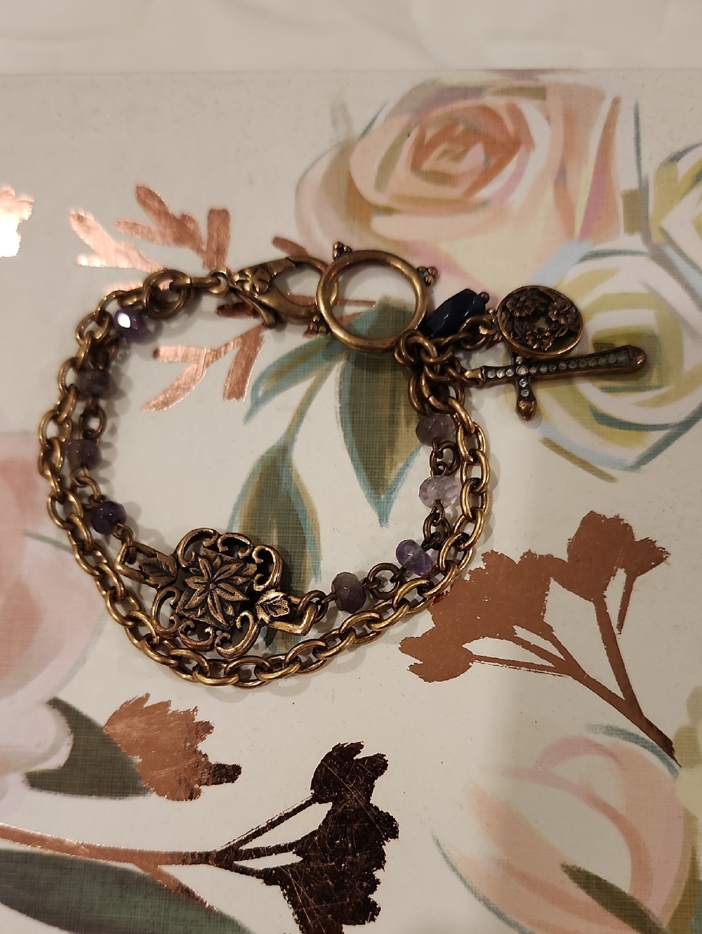 Lucky Brand Gold-Tone Bracelet with Purple Beads & Cross Charm